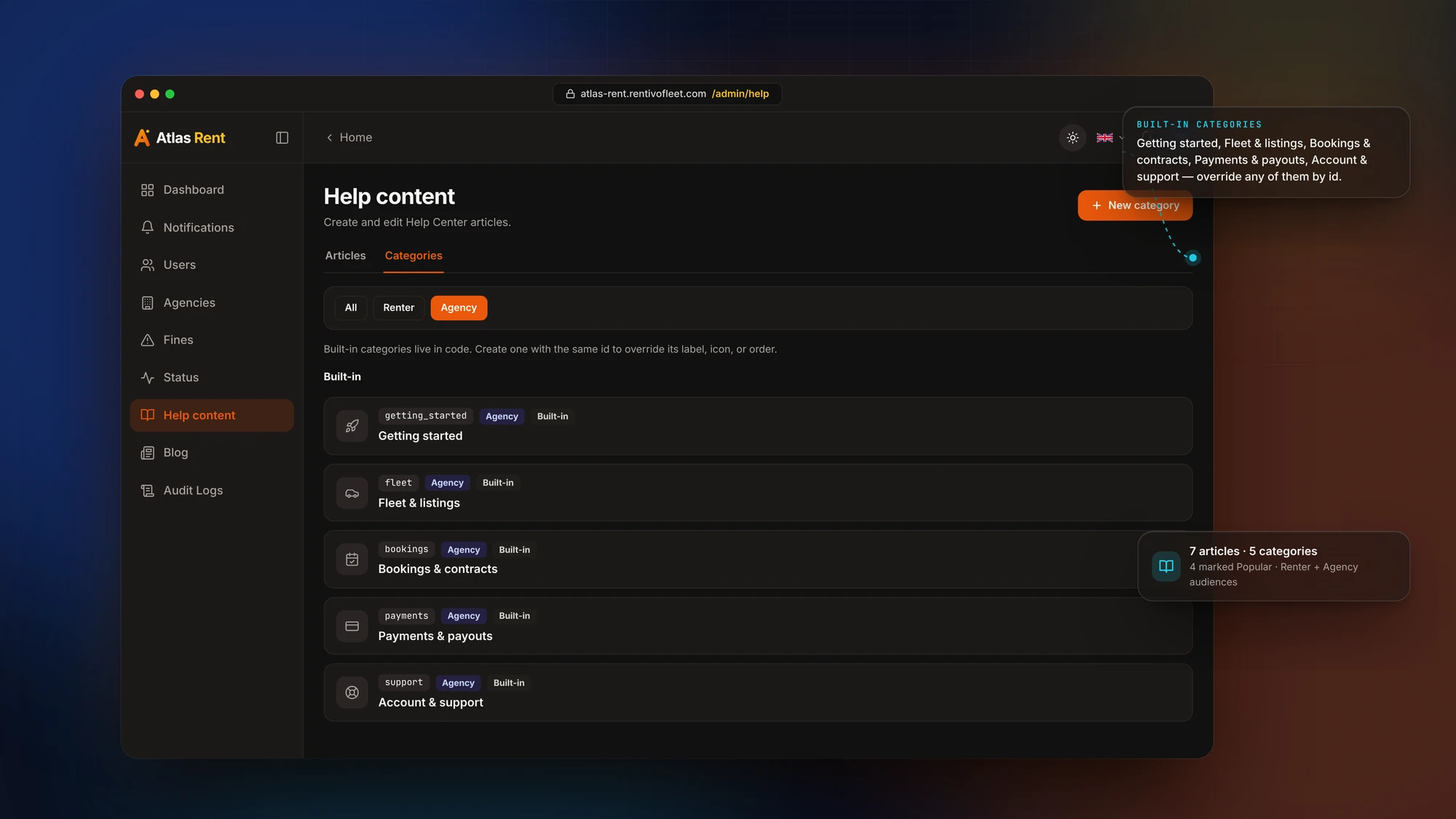 Help content categories