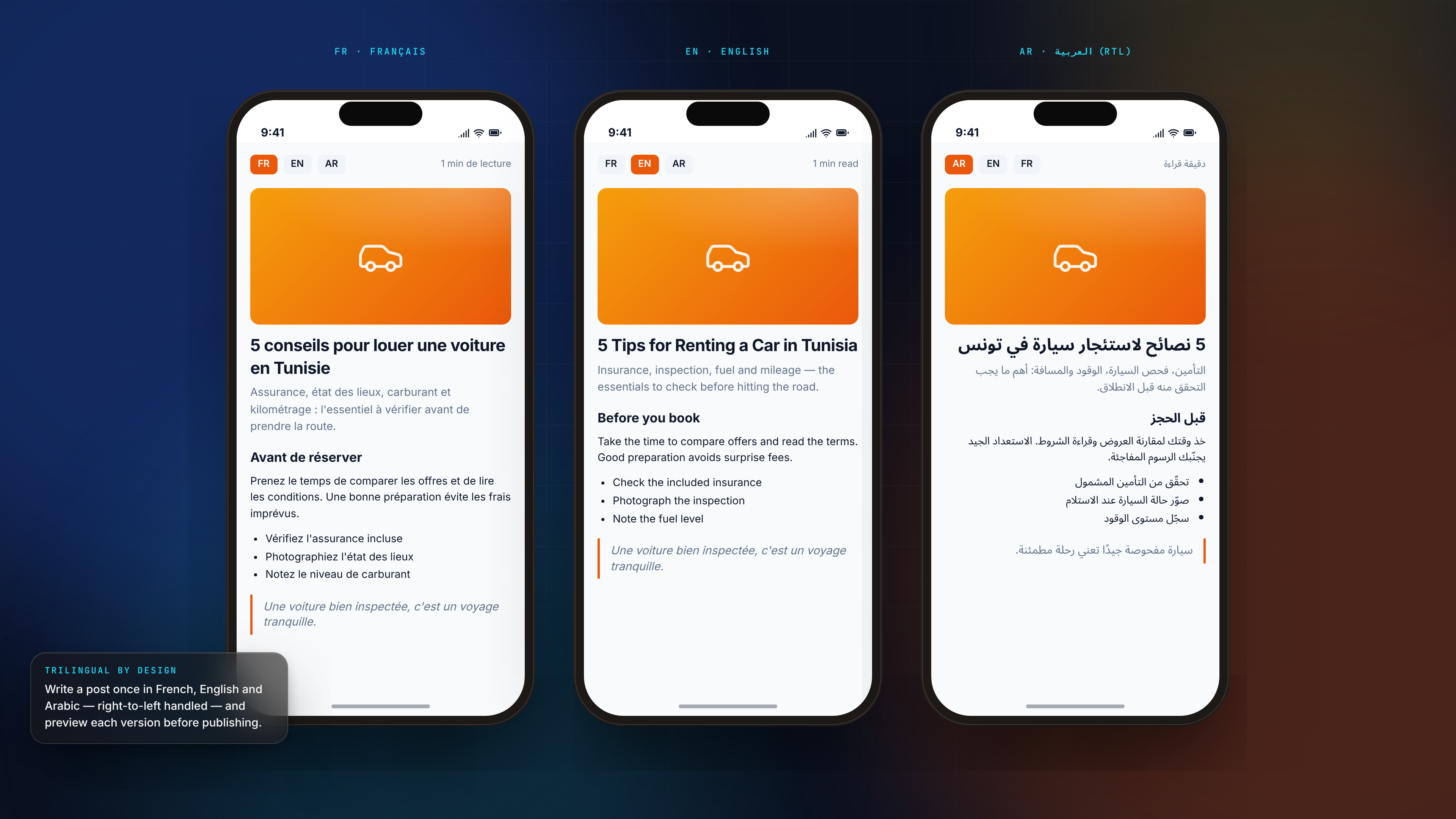 Admin Features — Blog preview trilingual phones dark