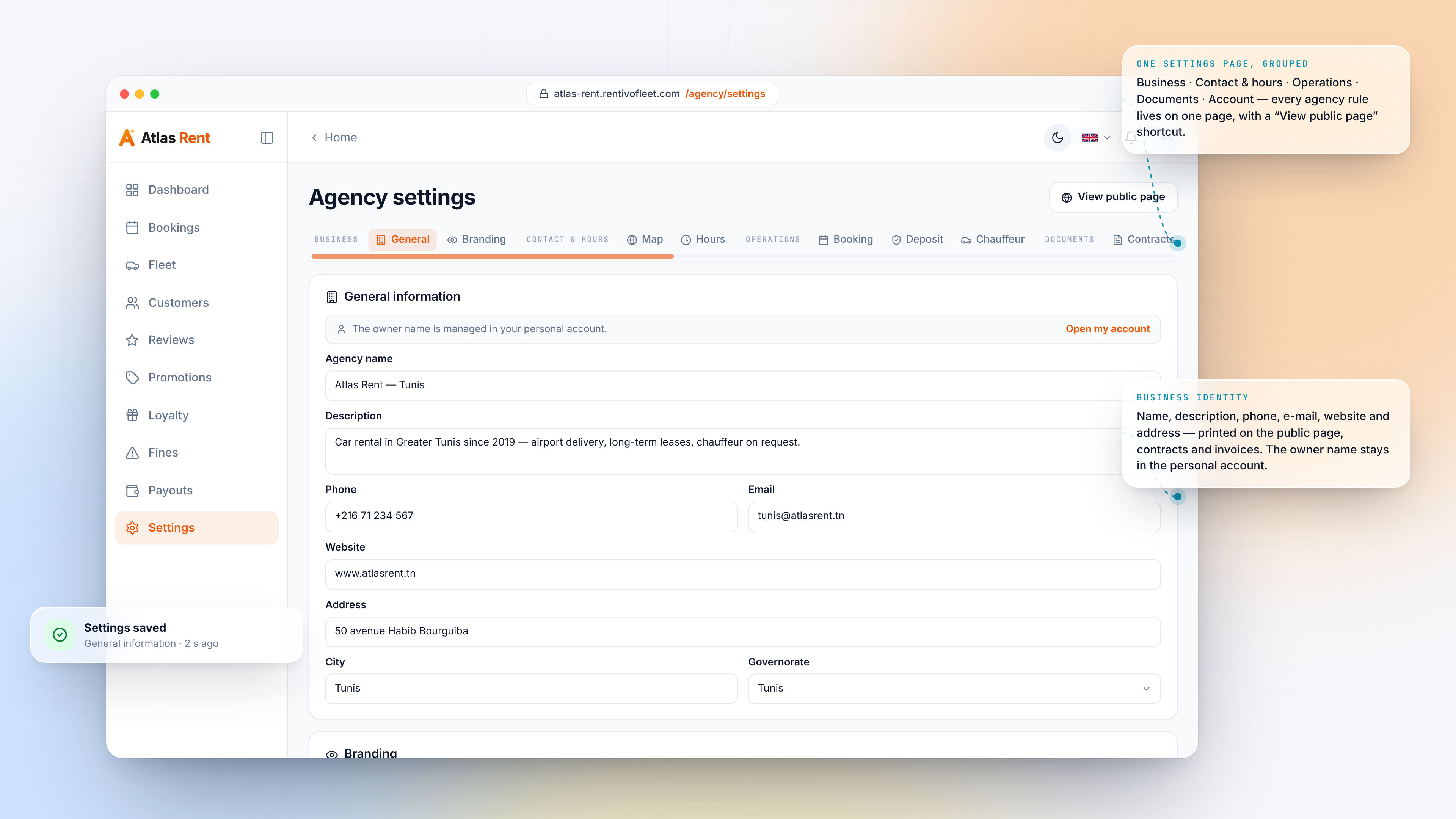 Agency Settings — first screen