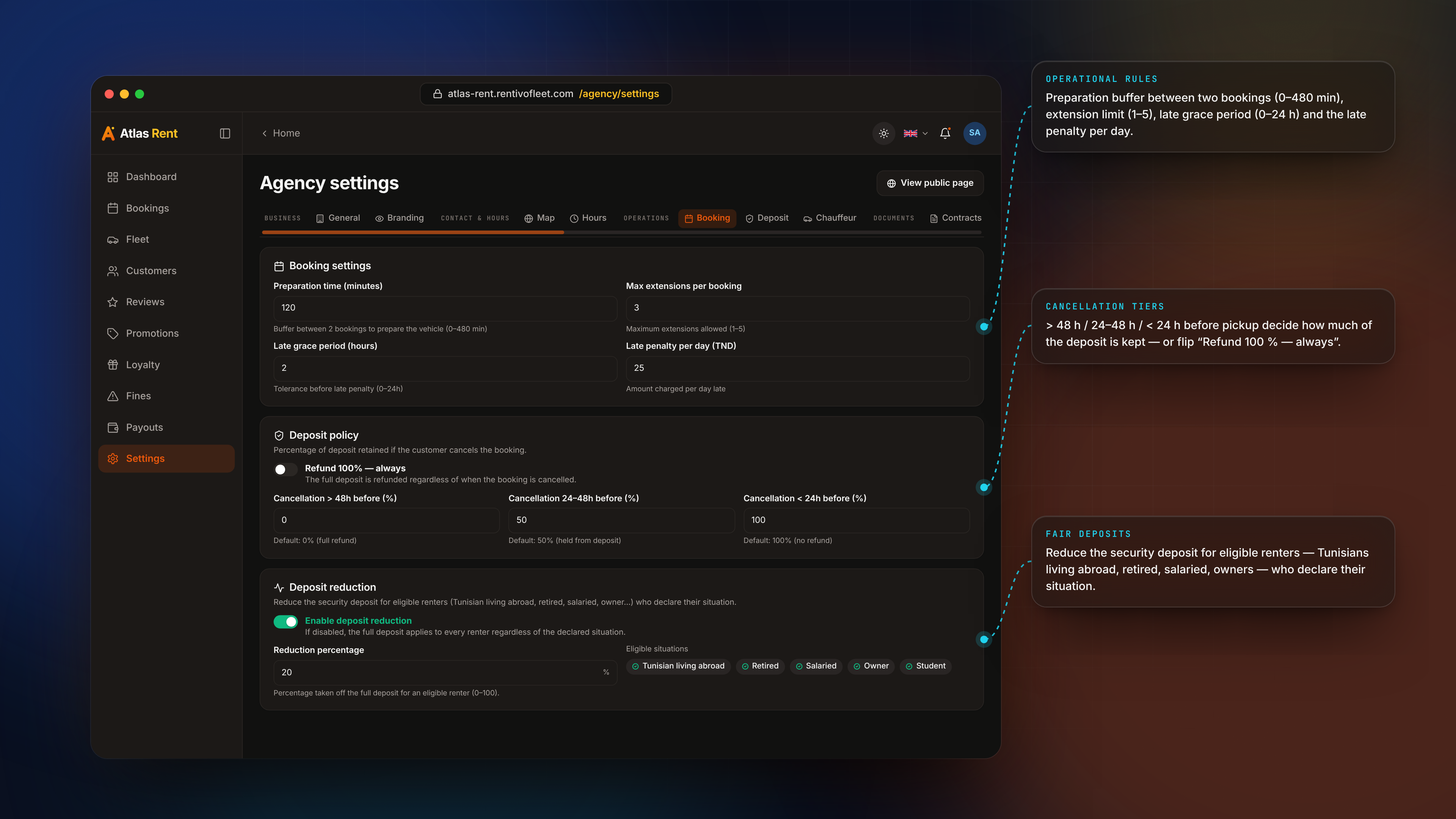 Agency Settings — Settings booking deposit dark
