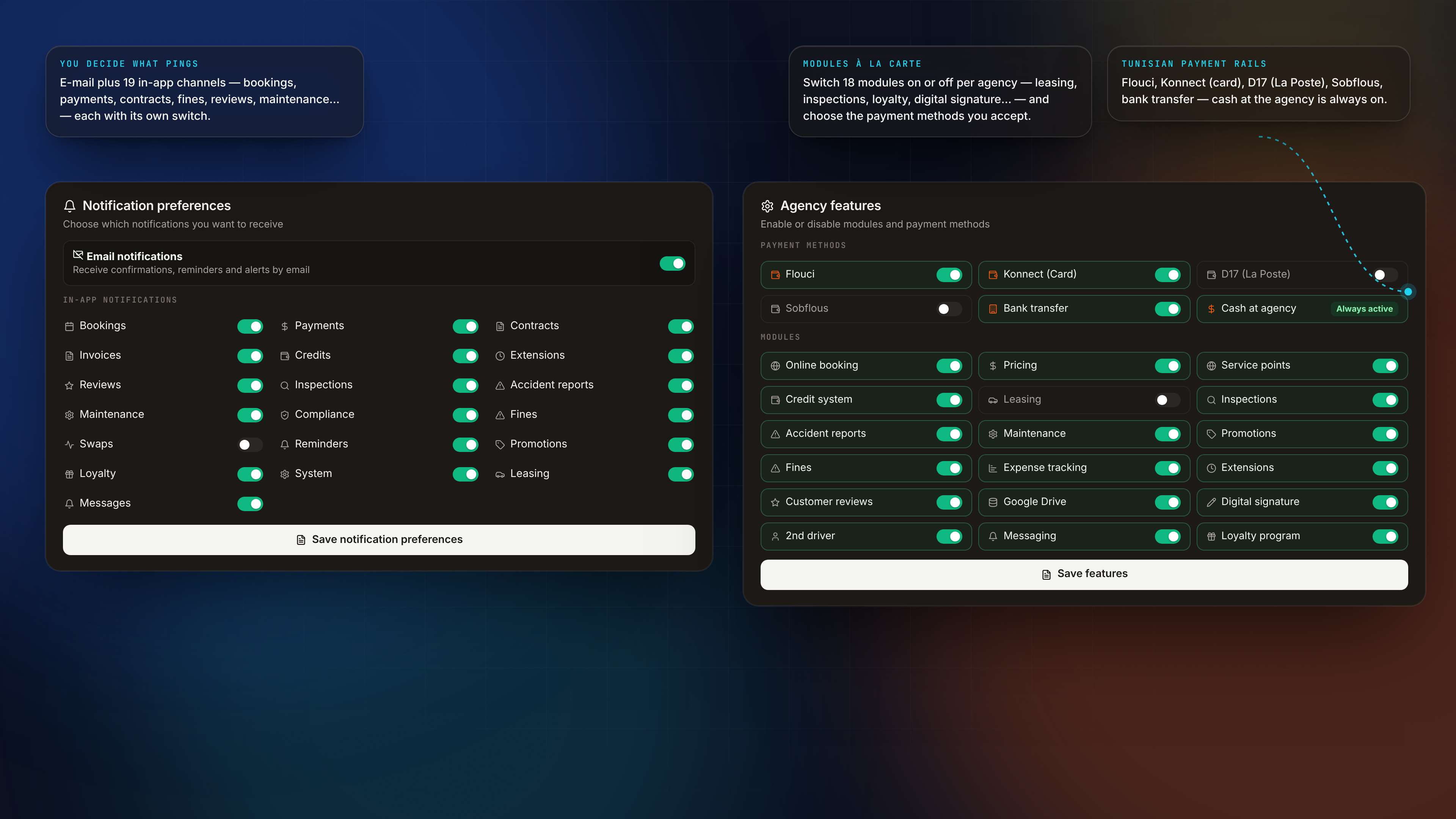Agency Settings — Settings notifications features dark