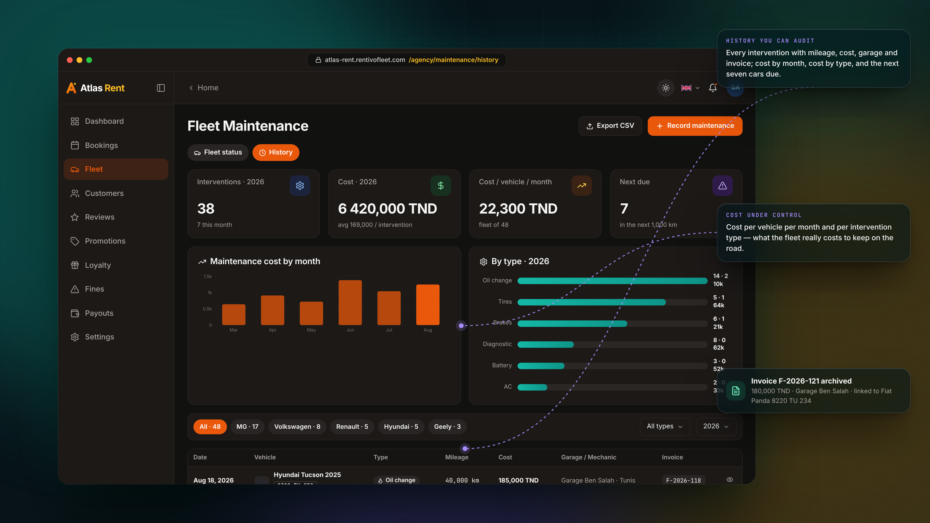 Fleet Maintenance — Maintenance history dark